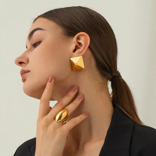"Geometric Gold Pyramid Stud Earrings- Bold Modern Statement"