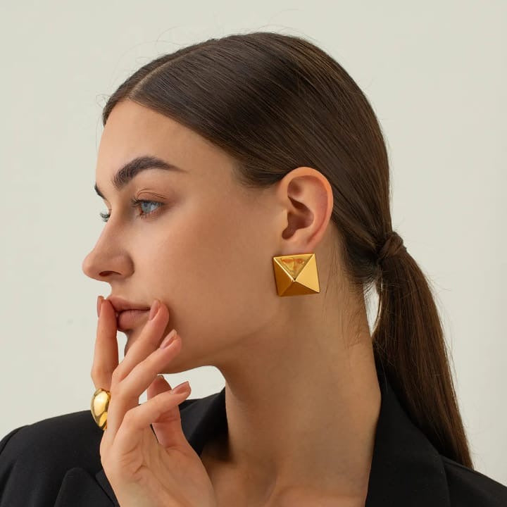 "Geometric Gold Pyramid Stud Earrings- Bold Modern Statement"