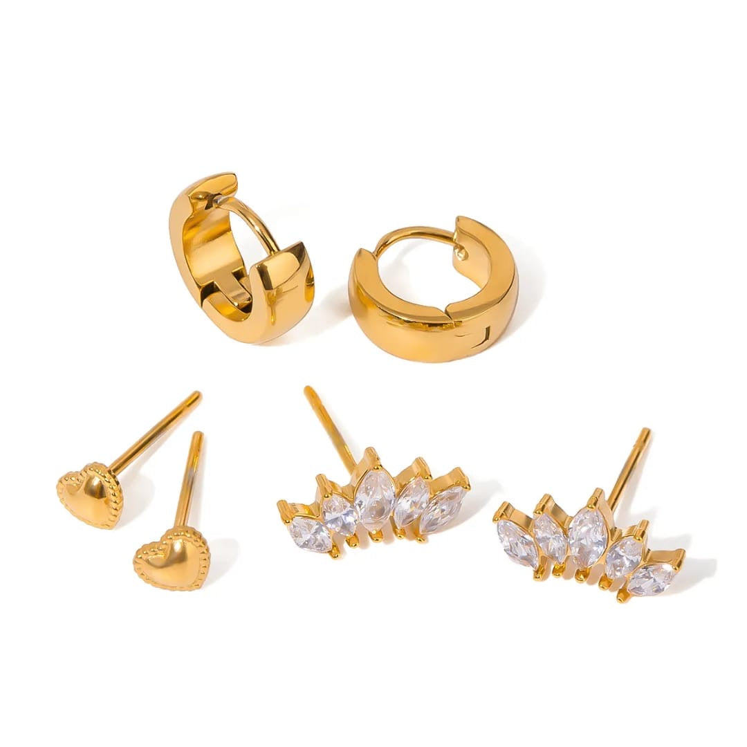 Gold earring trio set - Hoops,Hearts & Sparkle Studs