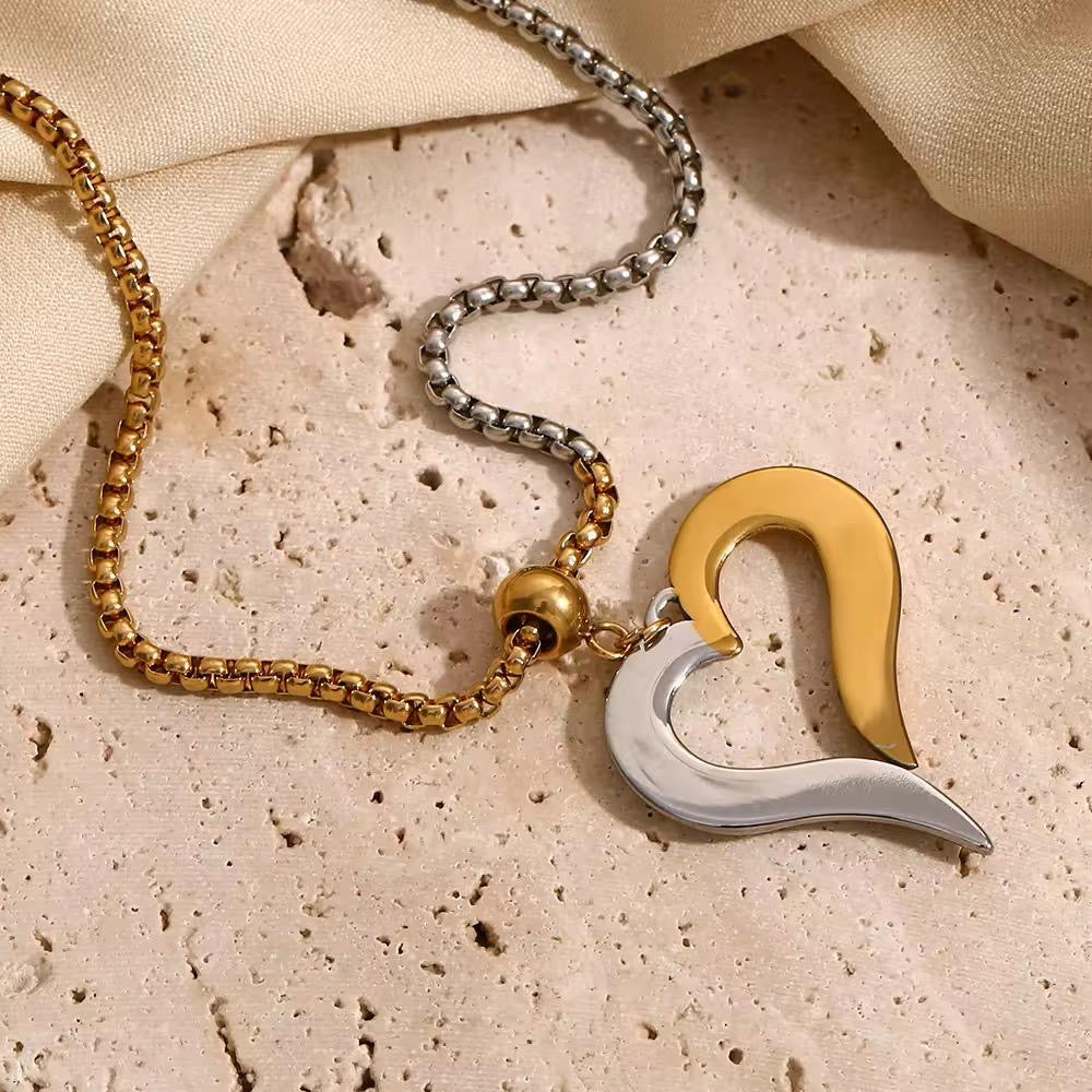 Dual-tone heart pendant necklace-18k gold plated stainless steel
