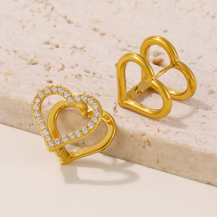 "HEARTLINES : Dual gold hearts with pavé sparkle"