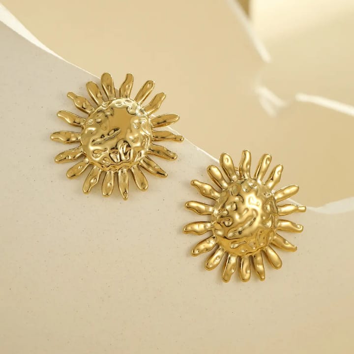 "Solar Flare: Textured Gold Sunburst Studs"