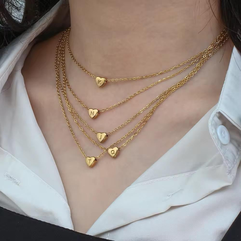 Gold Heart Initial Necklace – Chunky Charm Edition