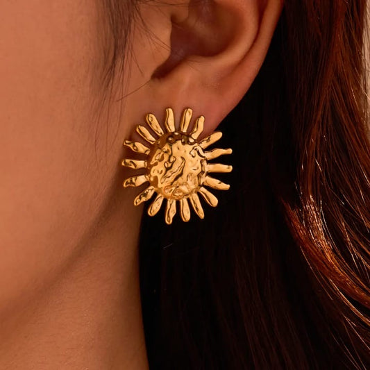 "Solar Flare: Textured Gold Sunburst Studs"