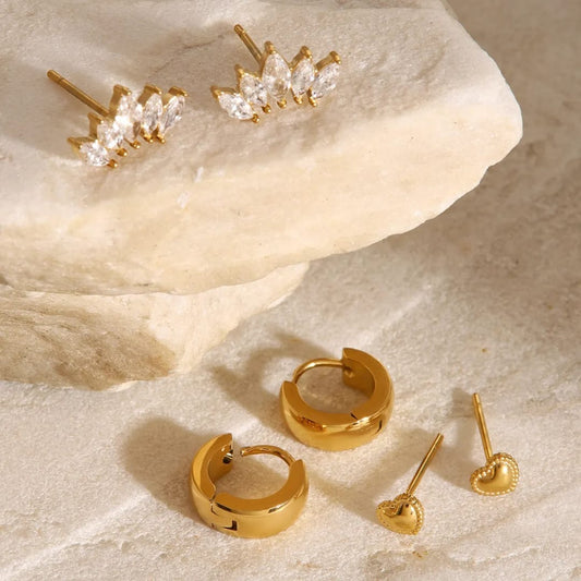 Gold earring trio set - Hoops,Hearts & Sparkle Studs