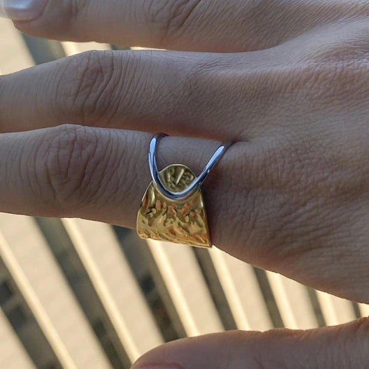 "Dual-Tone Textured Wrap Ring with Sun Motif"
