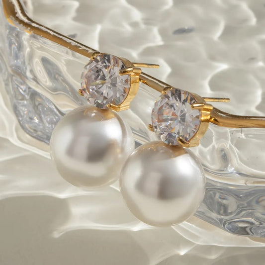 Classic Pearl & Crystal Stud Earrings- Gold Plated Elegance