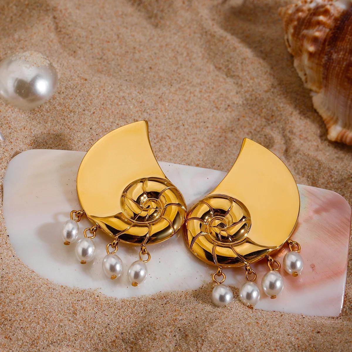 "Gold Shell-Inspired Stud Earrings with pearl Dangling Accents"