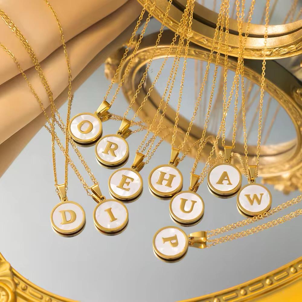 Gold Initial Pendant Necklace- Mother of pearl Accent