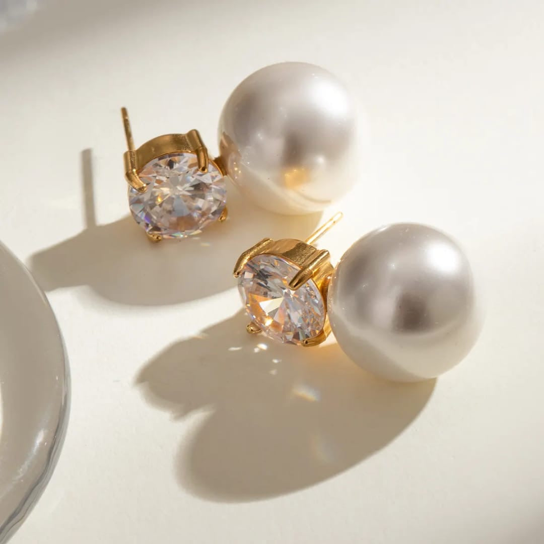 Classic Pearl & Crystal Stud Earrings- Gold Plated Elegance