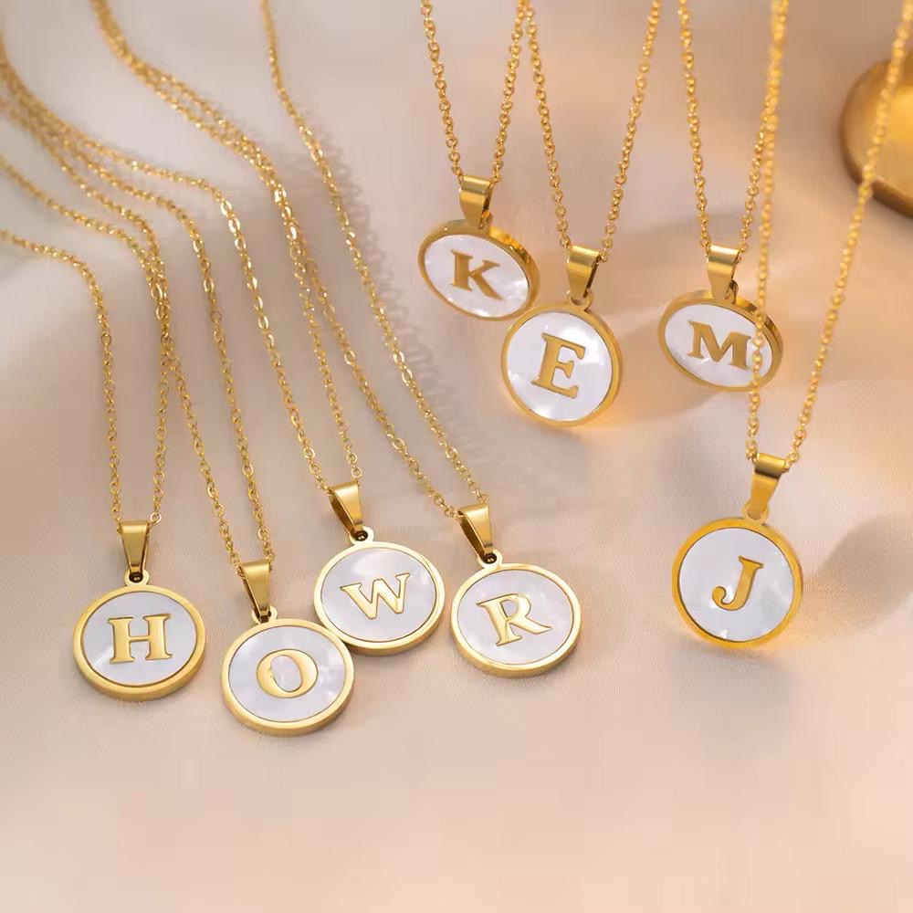 Gold Initial Pendant Necklace- Mother of pearl Accent