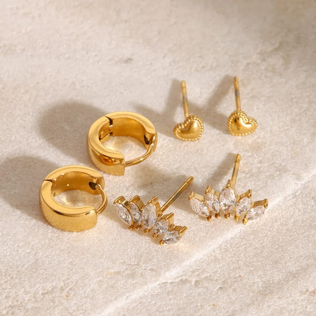 Gold earring trio set - Hoops,Hearts & Sparkle Studs